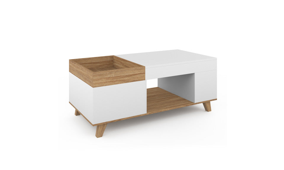 Table basse Stella avec plateau relevable et double coffre bois et blanc