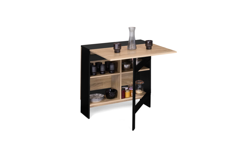 Table repas console pliable Edi plateau naturel et pieds noirs avec rangements