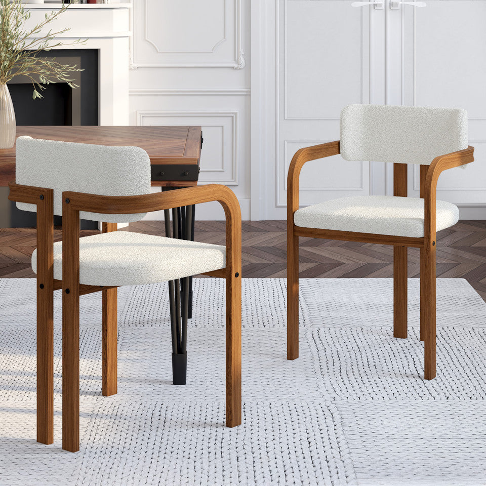 Chaises Elsa avec accoudoirs bouclette pieds effet noyer - lot de 2