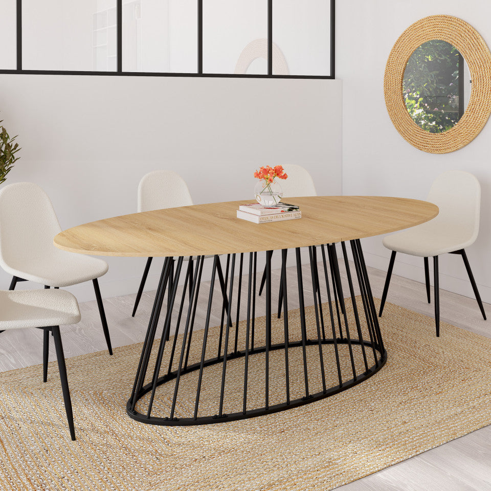 Table repas Adelle plateau ovale bois 200cm et pied filaire noir