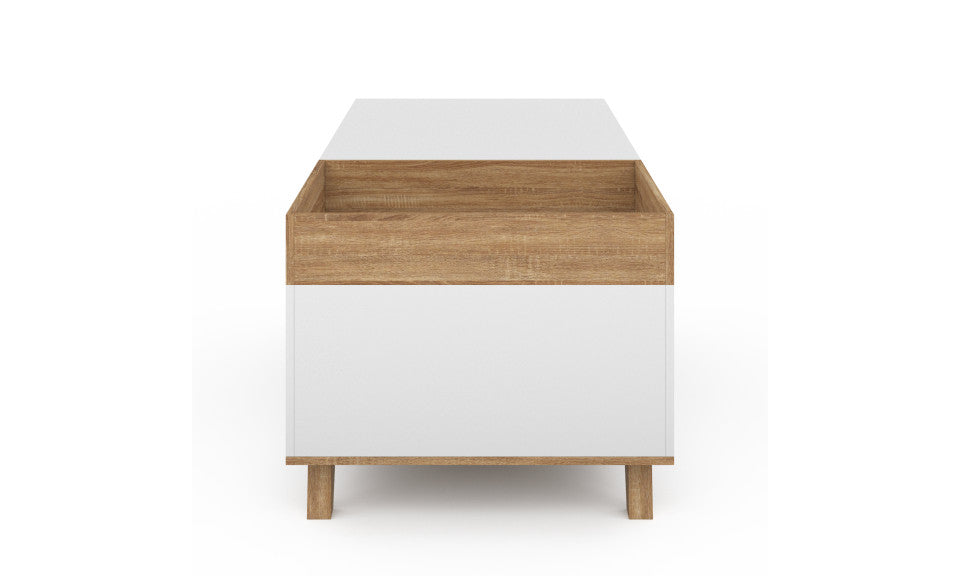 Table basse Stella avec plateau relevable et double coffre bois et blanc