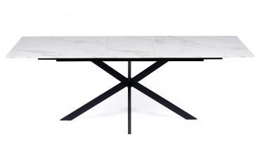 Table repas extensible Glam 160-200cm plateau effet marbre blanc et pieds croisés noirs