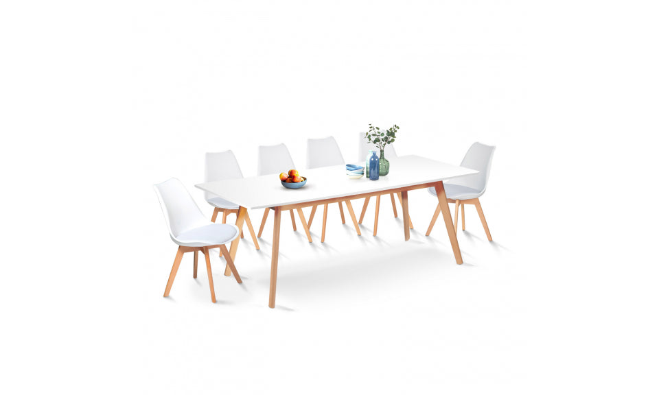 Table repas scandinave extensible 160-200cm plateau blanc et pieds bois