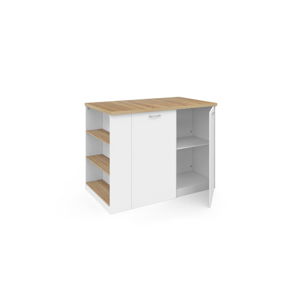 Ilot central de cuisine Dario L120cm bois et blanc avec rangements