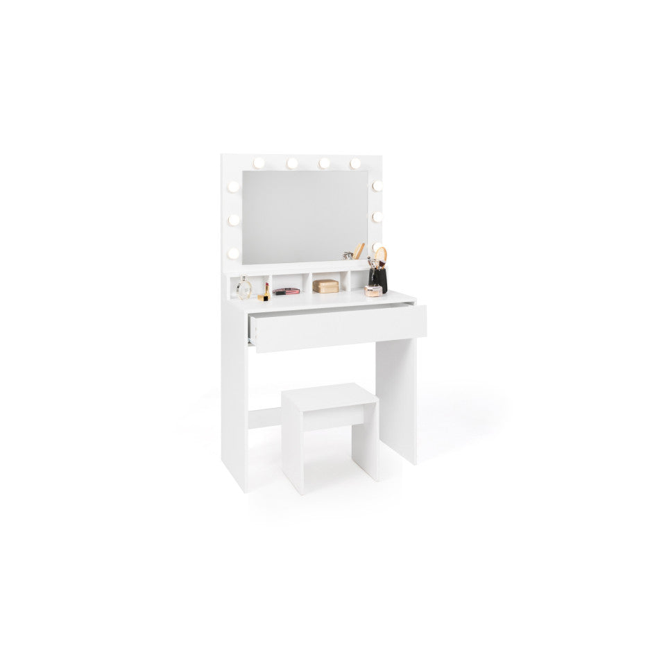 Coiffeuse Zita blanche avec miroir LED, 4 niches, 1 tiroir et 1 tabouret