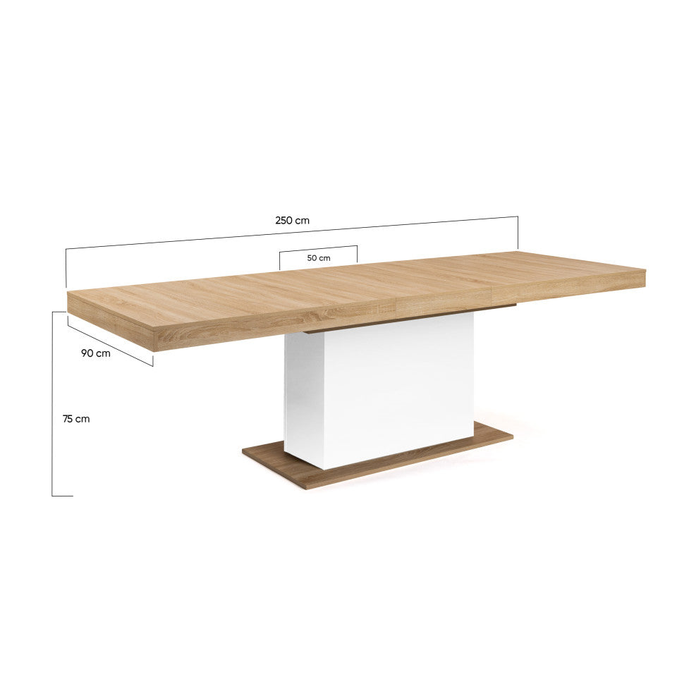 Table repas extensible Tania 200-250cm plateau bois et pieds central Blanc