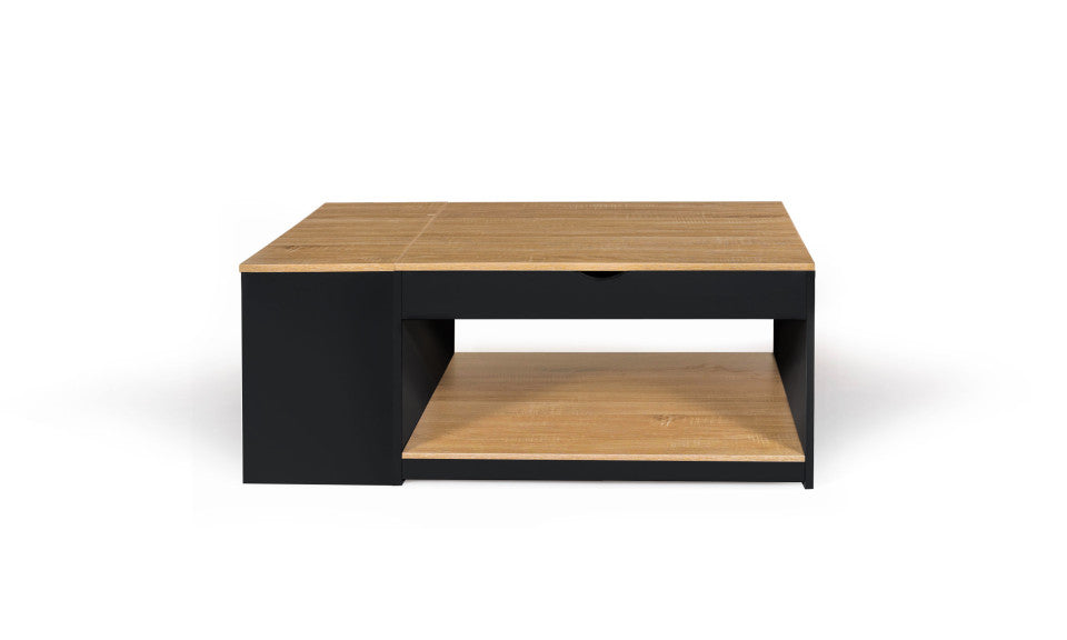 Table basse Elina avec double plateau relevable et coffre latéral noire et bois L110cm