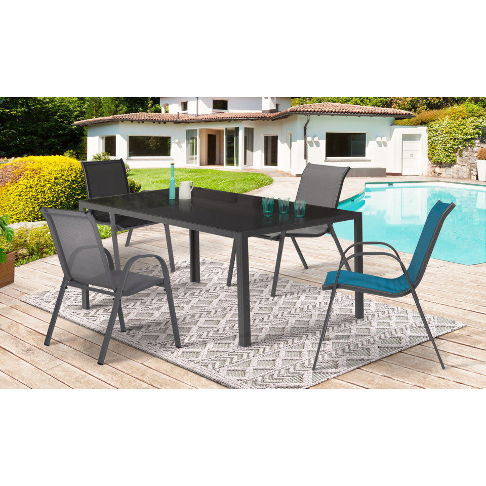 Chaises de jardin empilables en textilène mix de couleurs (gris, gris clair, bleu canard, noir) - lot de 4