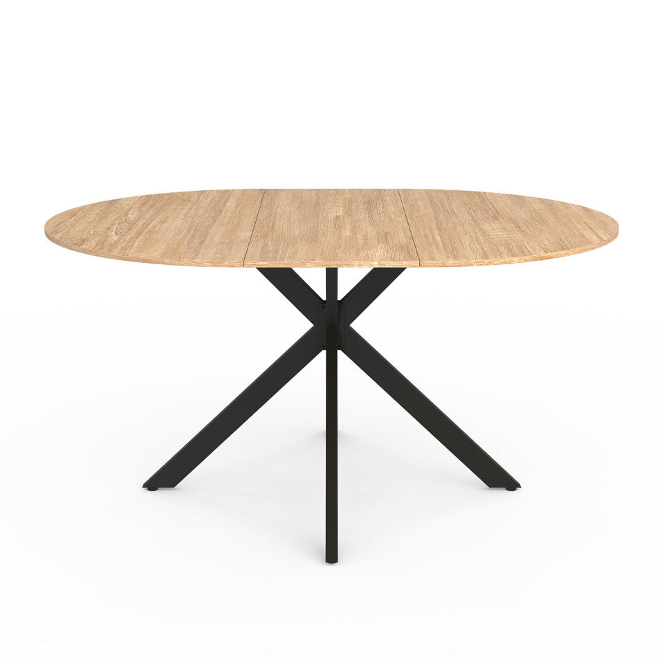 Table repas extensible Soline 110-150cm plateau rond bois pieds croisés noirs