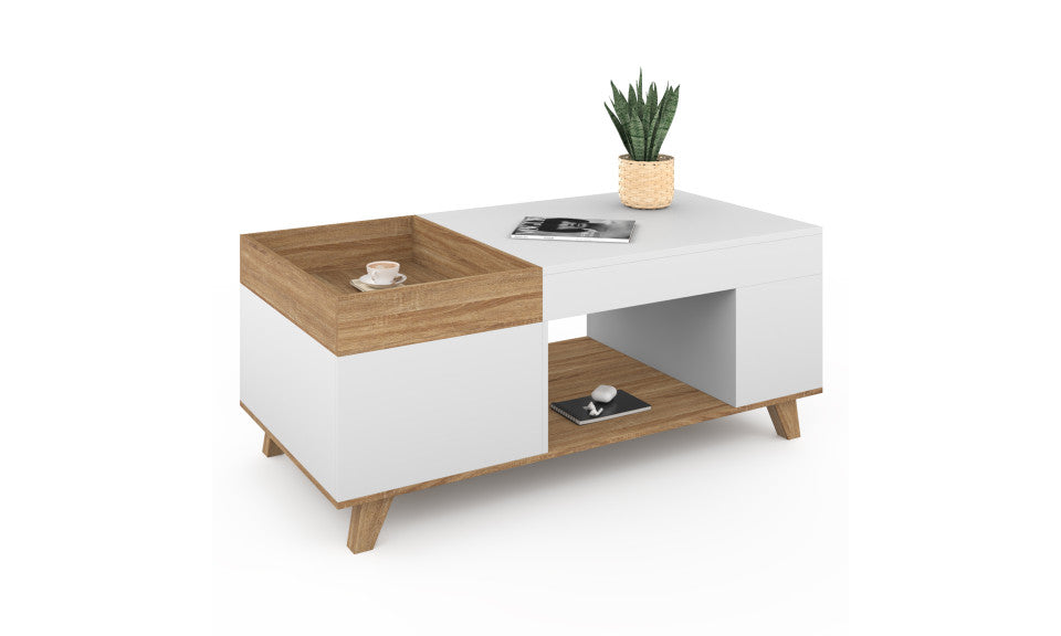 Table basse Stella avec plateau relevable et double coffre bois et blanc