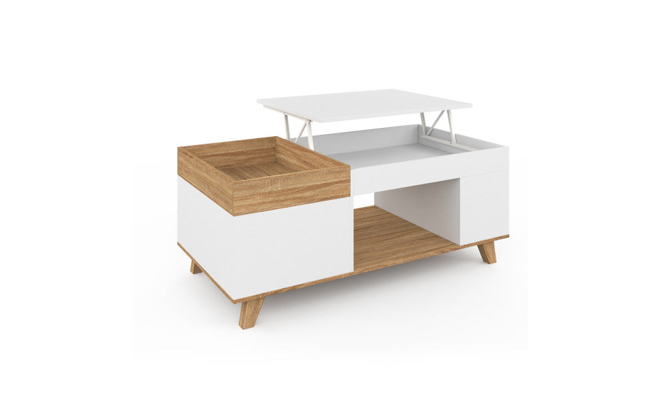 Table basse Stella avec plateau relevable et double coffre bois et blanc