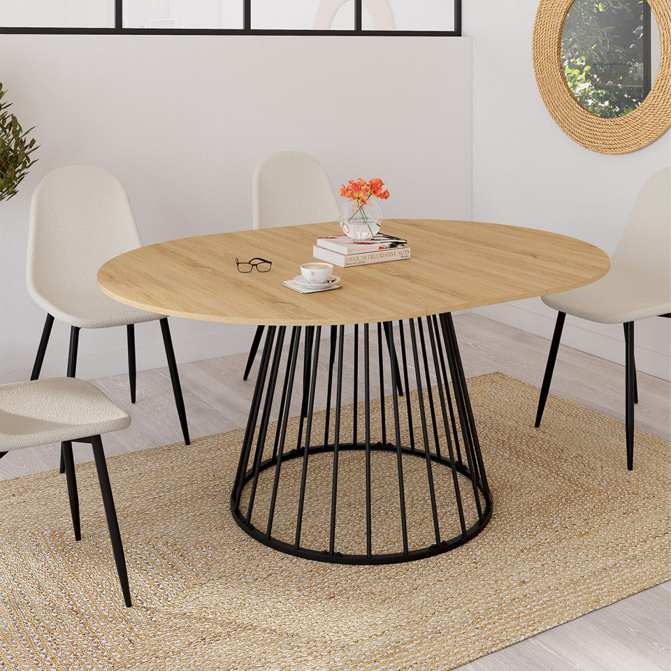 Table repas Adelle plateau rond extensible 110-150cm et pied filaire noir