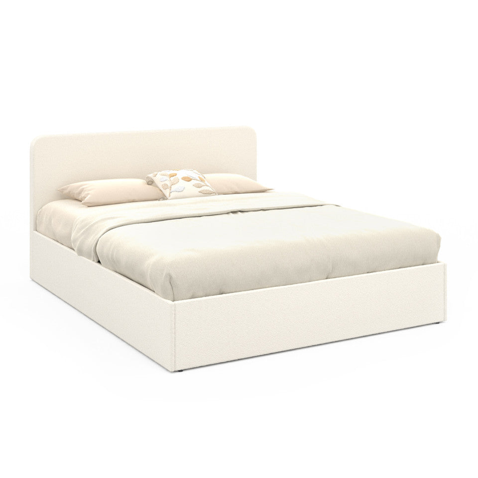 Lit coffre Louise en bouclette avec sommier et tête de lit arrondie 160x200cm Blanc crème