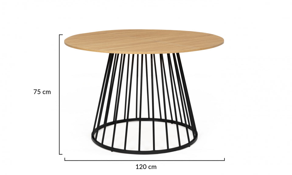 Table repas Adelle plateau rond bois 120cm et pied filaire noir