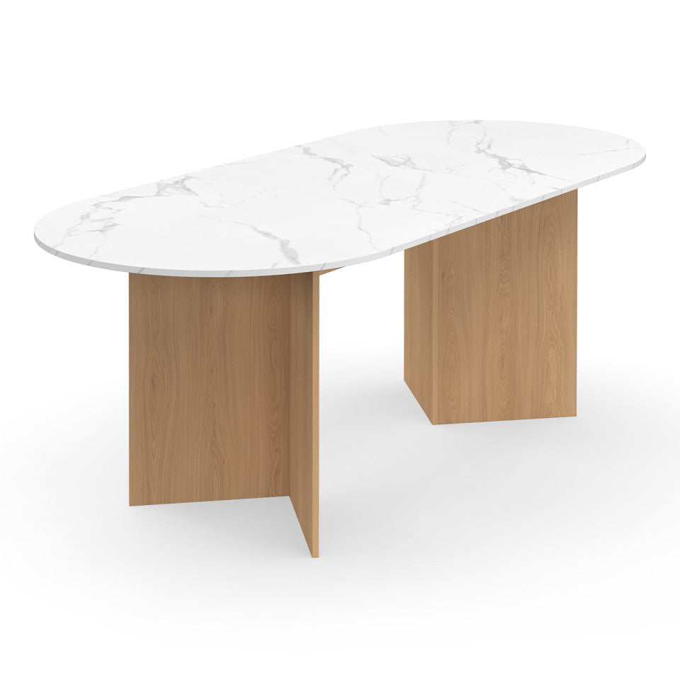 Table à manger extensible Gabin effet marbre blanc et pieds design 160-200cm