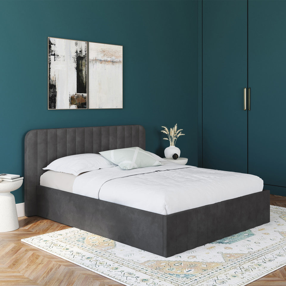 Lit coffre Valentina en velours gris avec sommier et tête de lit 160x200cm