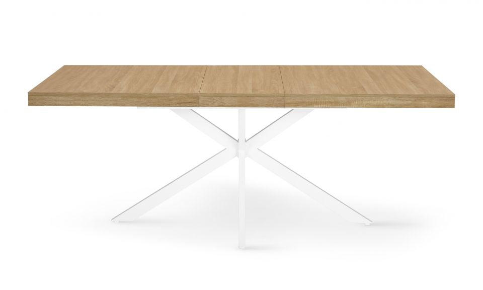 Table repas extensible Memphis 160-200cm plateau bois avec rangement intégré et pieds croisés blancs