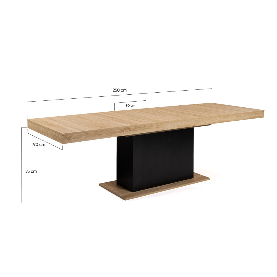 Table repas extensible Tania 200-250cm plateau bois et pieds central noir