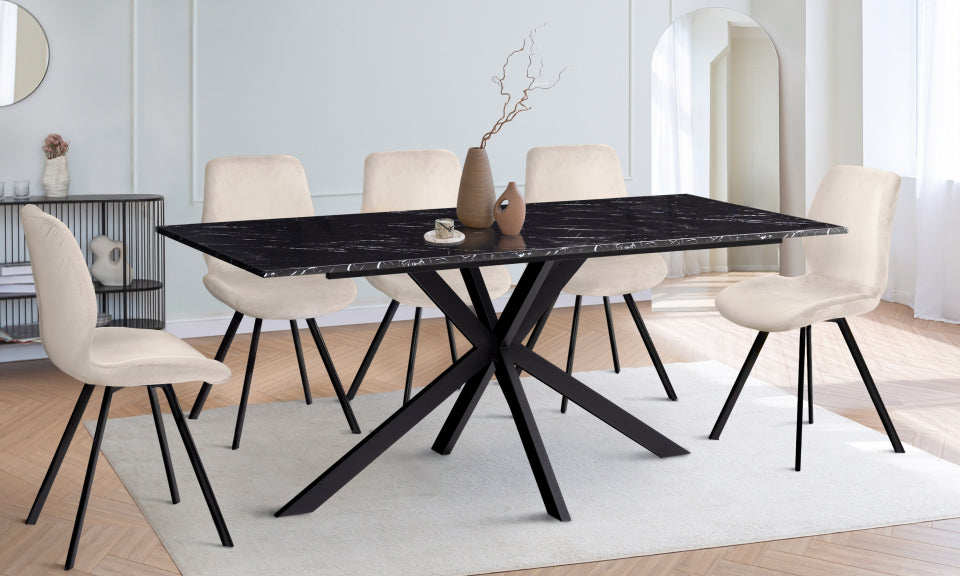 Table repas Glam 160cm plateau effet marbre noir et pieds croisés noirs