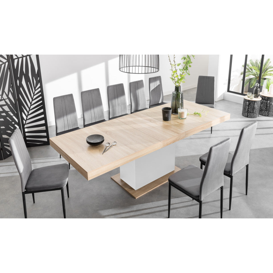 Table repas extensible Tania 200-250cm plateau bois et pieds central Blanc