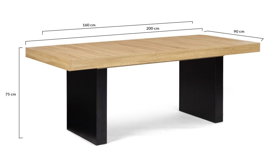 Table repas extensible Marius 160-200cm plateau bois et et pieds pleins noirs