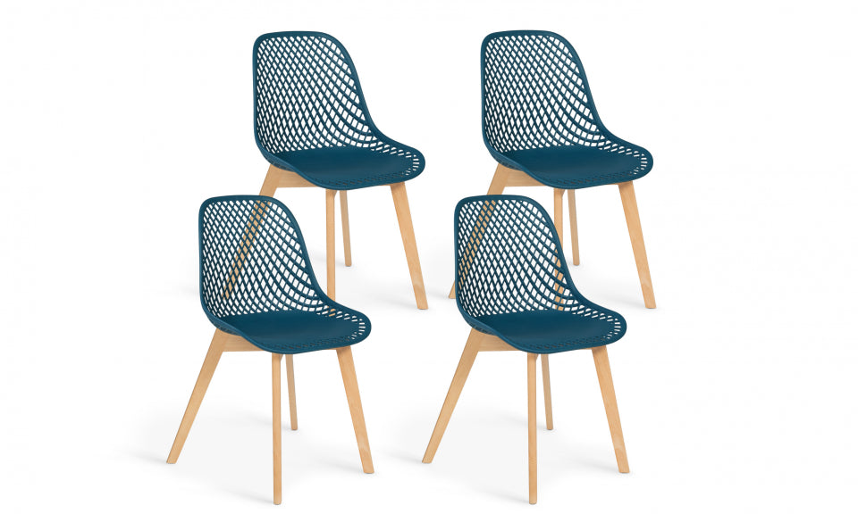 Chaises Maëlle assise ajourée bleue et pieds bois - lot de 4