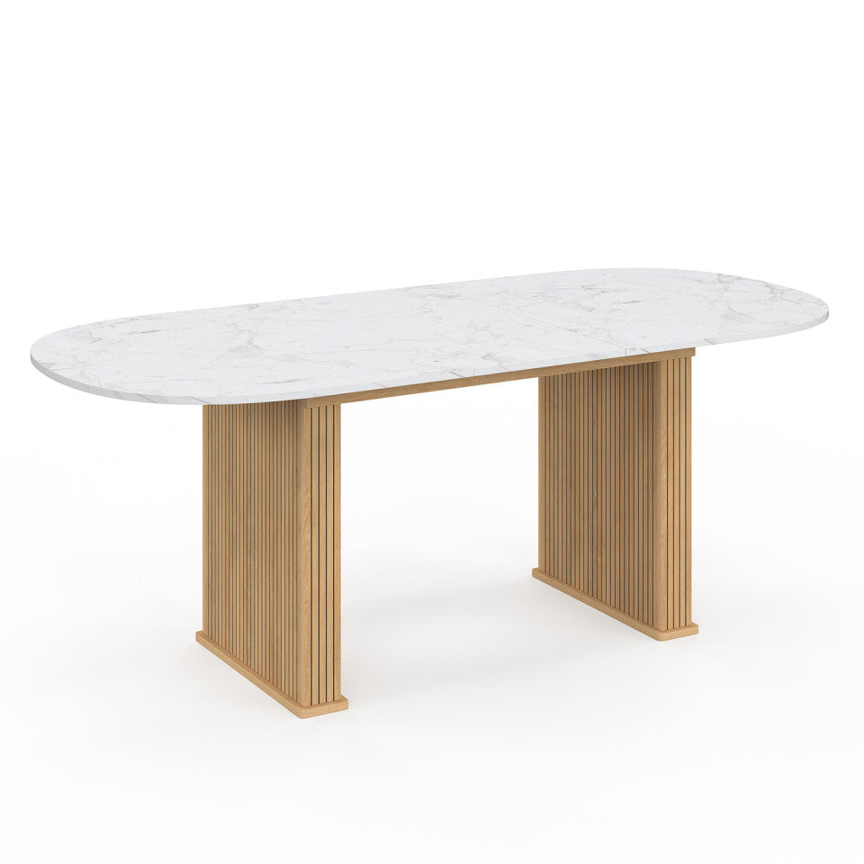 Table repas Marceau plateau extensible 160-200cm arrondi effet marbre et pieds lattes