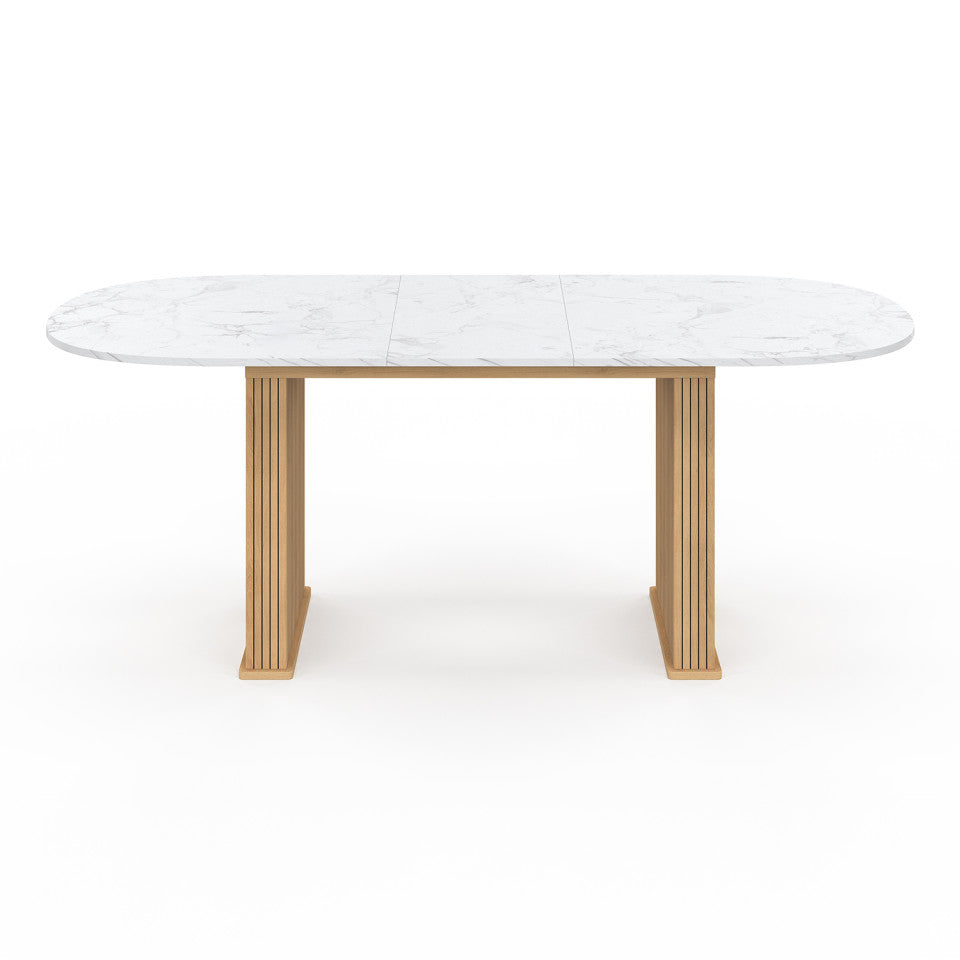 Table repas Marceau plateau extensible 160-200cm arrondi effet marbre et pieds lattes
