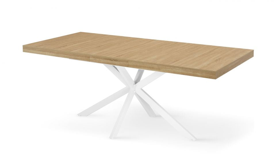 Table repas extensible Memphis 160-200cm plateau bois avec rangement intégré et pieds croisés blancs