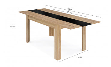 Table repas contemporaine extensible Gloria 140-220cm plateau naturel et chemin de table noir