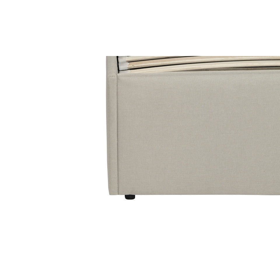 Lit coffre Louise en tissu beige avec sommier et tête de lit arrondie 160x200cm