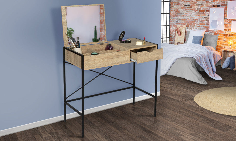 Coiffeuse industrielle Alana miroir rabattable avec tabouret