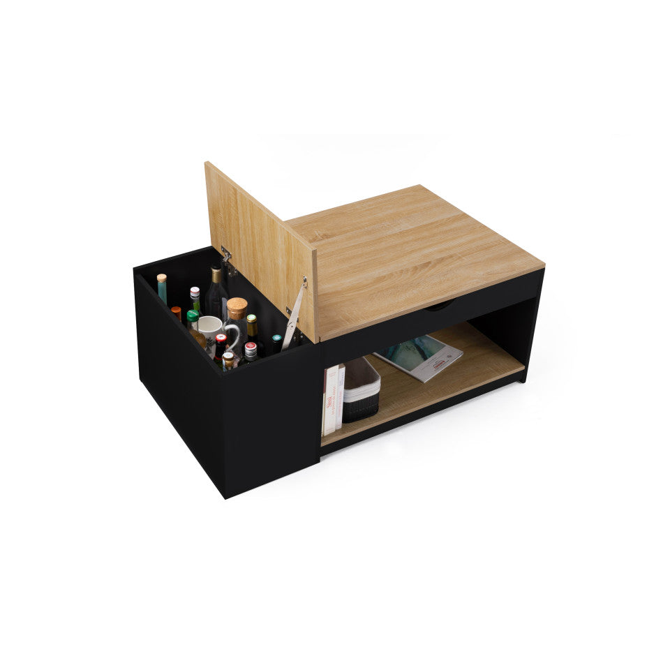 Table basse Elina avec plateau relevable et coffre latéral noir et bois L110cm