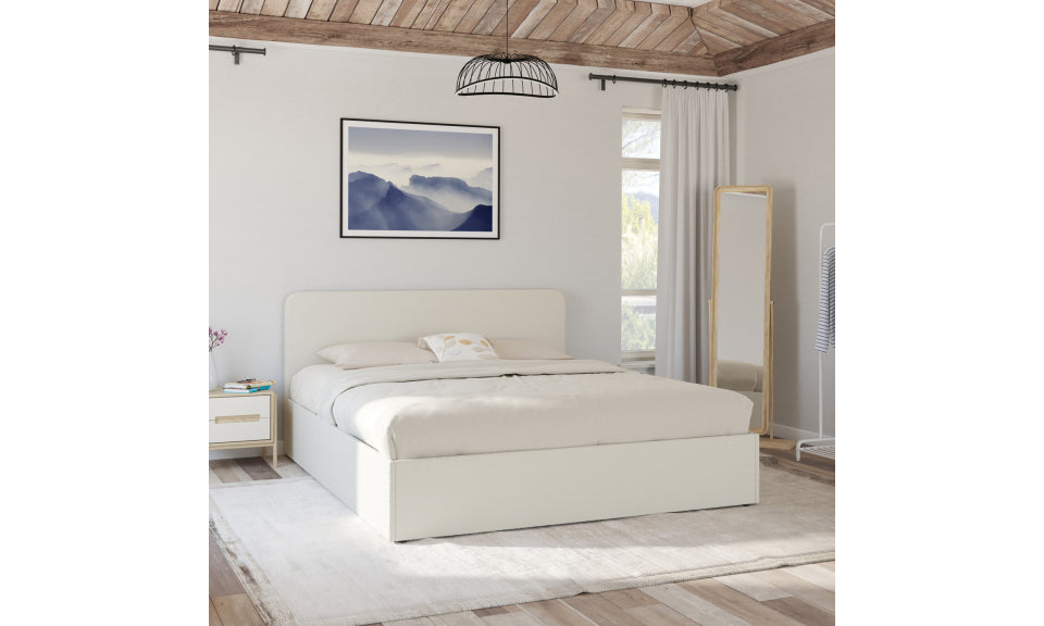 Lit coffre Louise en tissu beige avec sommier et tête de lit arrondie 160x200cm