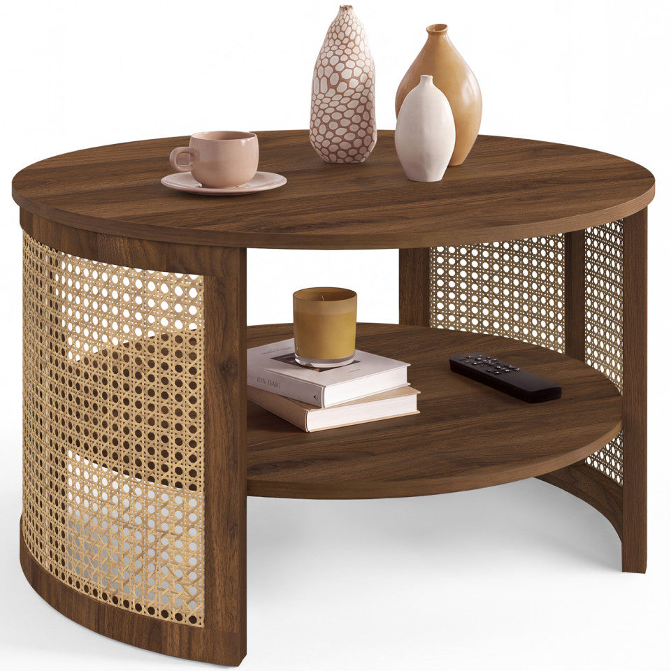 Table basse ronde Eve cannage effet noyer Ø70cm