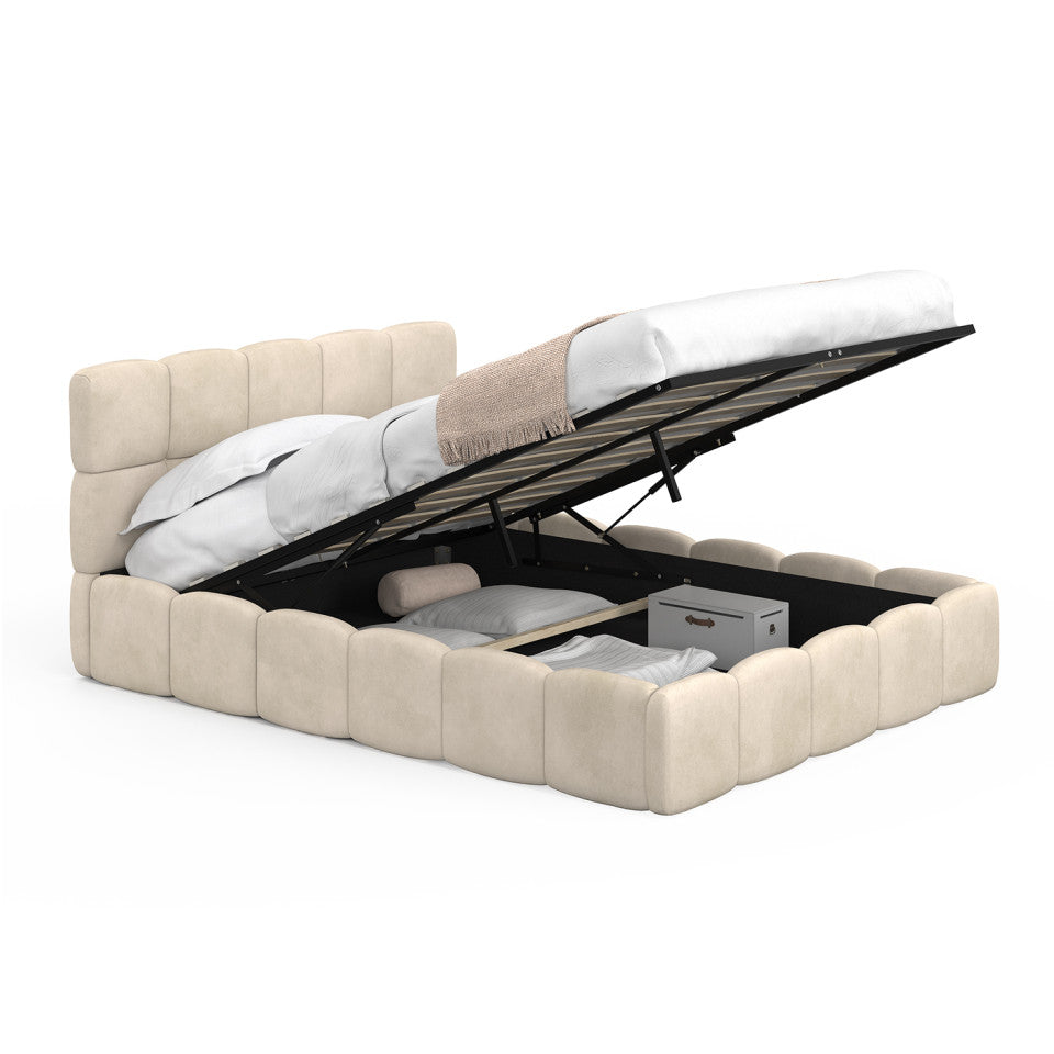 Lit coffre Bubble en velours beige avec sommier et tête de lit 140x190cm