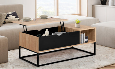 Table basse Memphis avec plateau relevable bois et pieds noirs L110cm