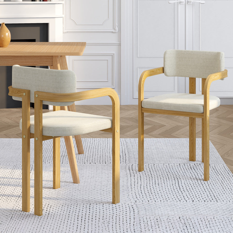 Chaises Elsa avec accoudoirs tissu beige pieds effet bois - lot de 2