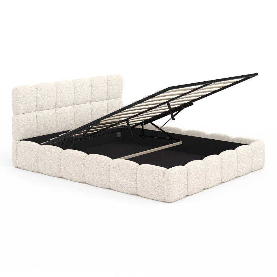 Lit coffre Bubble en tissu bouclette avec sommier et tête de lit 160x200cm
