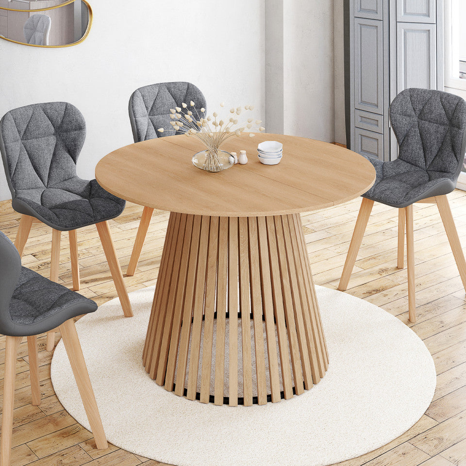 Table repas Camélia plateau rond extensible 110-150cm et pieds lattes