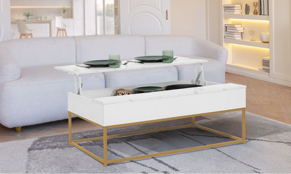 Table basse Glam avec plateau relevable effet marbre blanc et pieds dorés L100cm