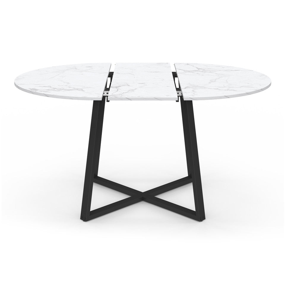 Table repas Sana plateau extensible 110-150cm rond effet marbre et pieds noirs