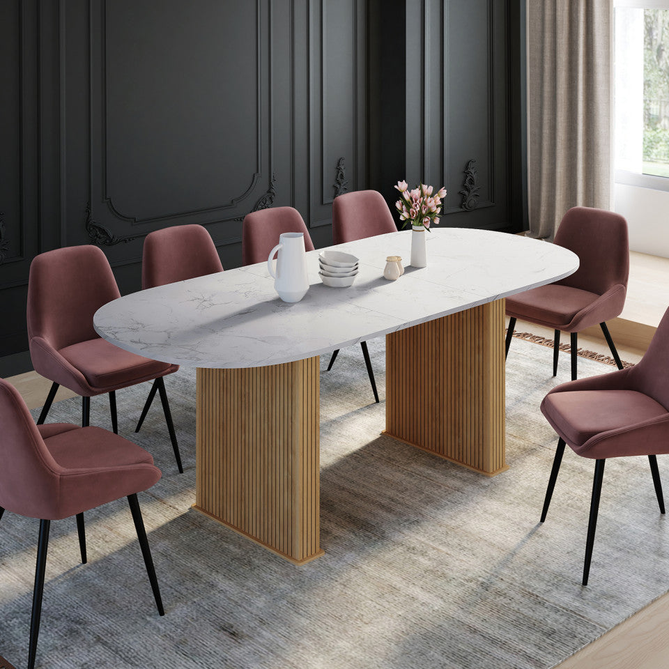 Table repas Marceau plateau extensible 160-200cm arrondi effet marbre et pieds lattes