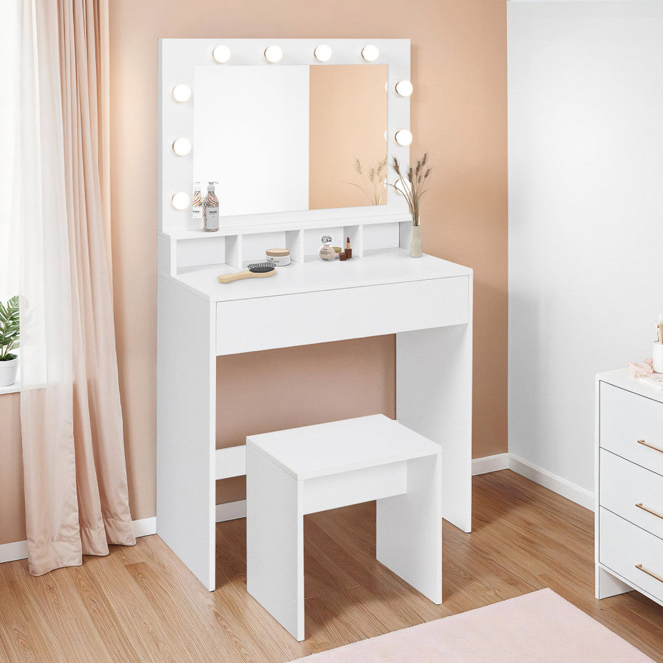 Coiffeuse Zita blanche avec miroir LED, 4 niches, 1 tiroir et 1 tabouret