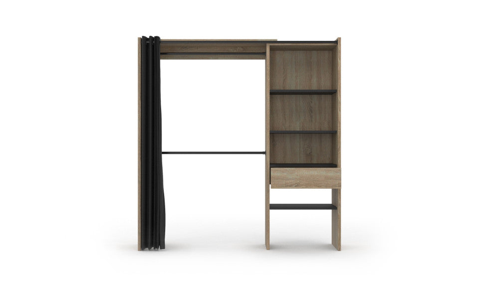 Dressing extensible bois avec colonne et penderie avec rideau noir 120-170x180cm