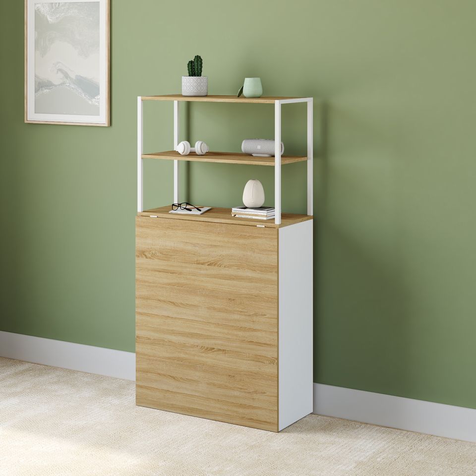 Bureau bibliothèque 2 en 1 pliable Raya blanc et bois