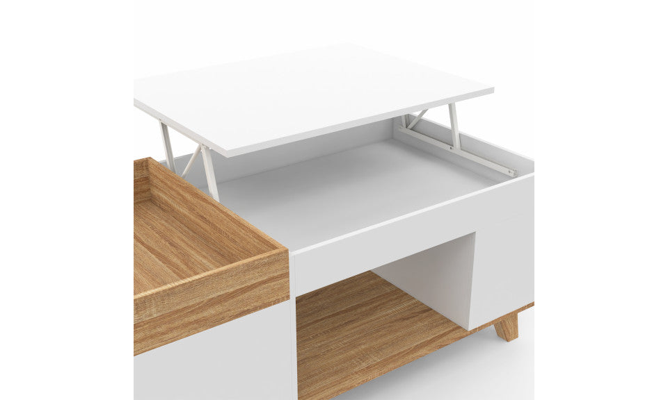 Table basse Stella avec plateau relevable et double coffre bois et blanc