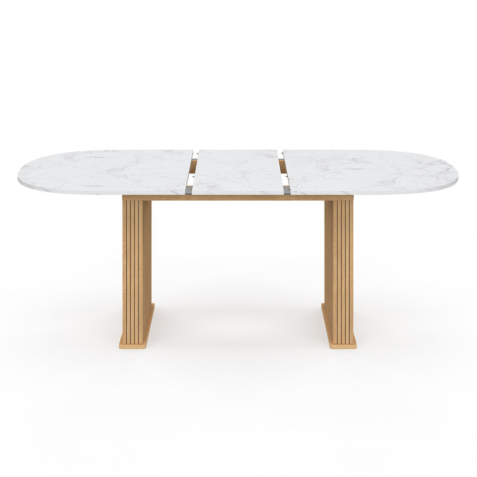 Table repas Marceau plateau extensible 160-200cm arrondi effet marbre et pieds lattes