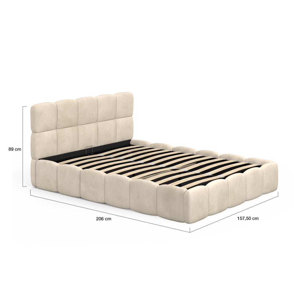 Lit coffre Bubble en velours beige avec sommier et tête de lit 140x190cm