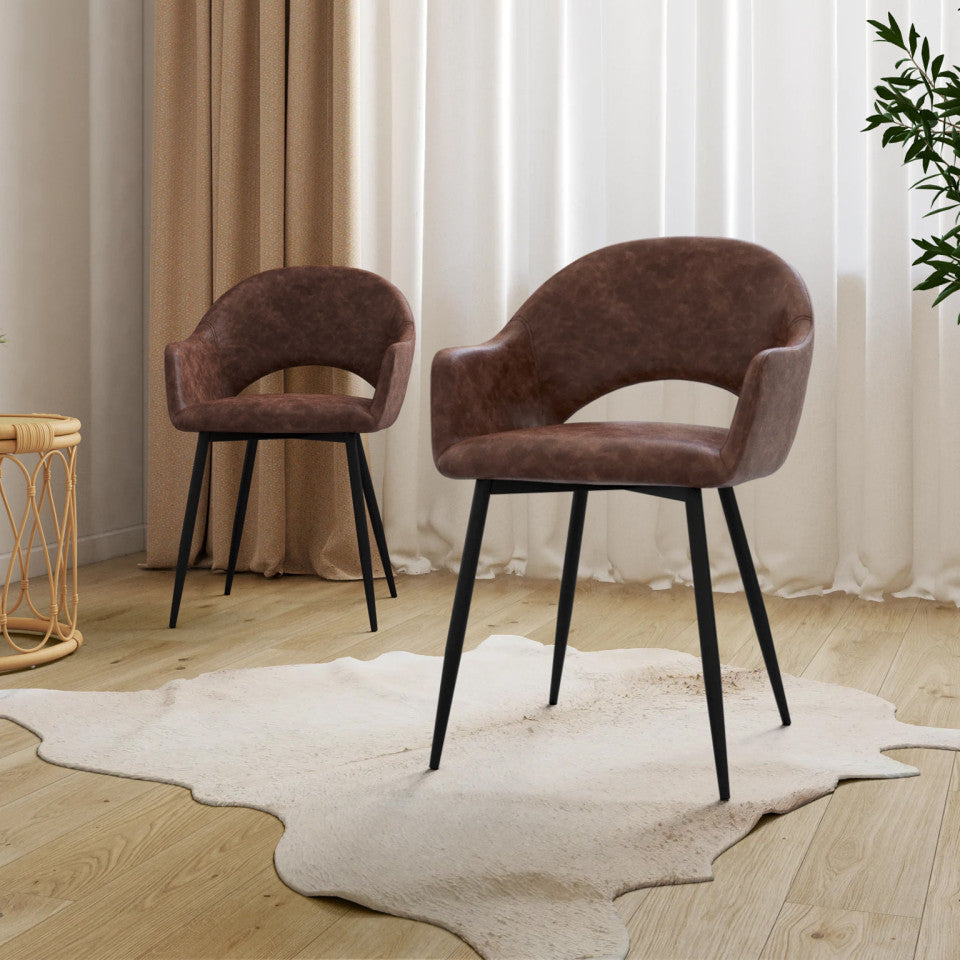 Chaises avec accoudoirs Rebecca en velours marron et pieds métal - lot de 2